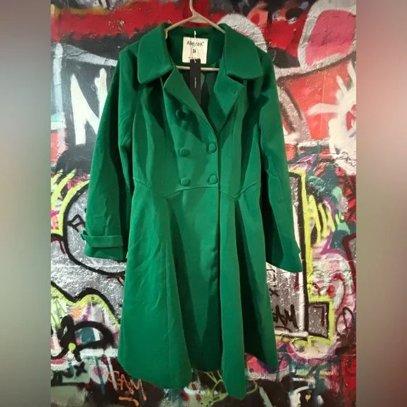 Allegra K Women's Green Double-Breasted Coat - Picture 4 of 7